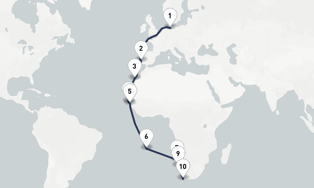 25 days, one-way from Hamburg to Cape Town 26日間