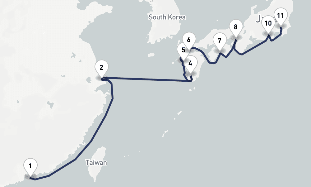 14 days, one-way from Hong Kong to Tokyo 15日間