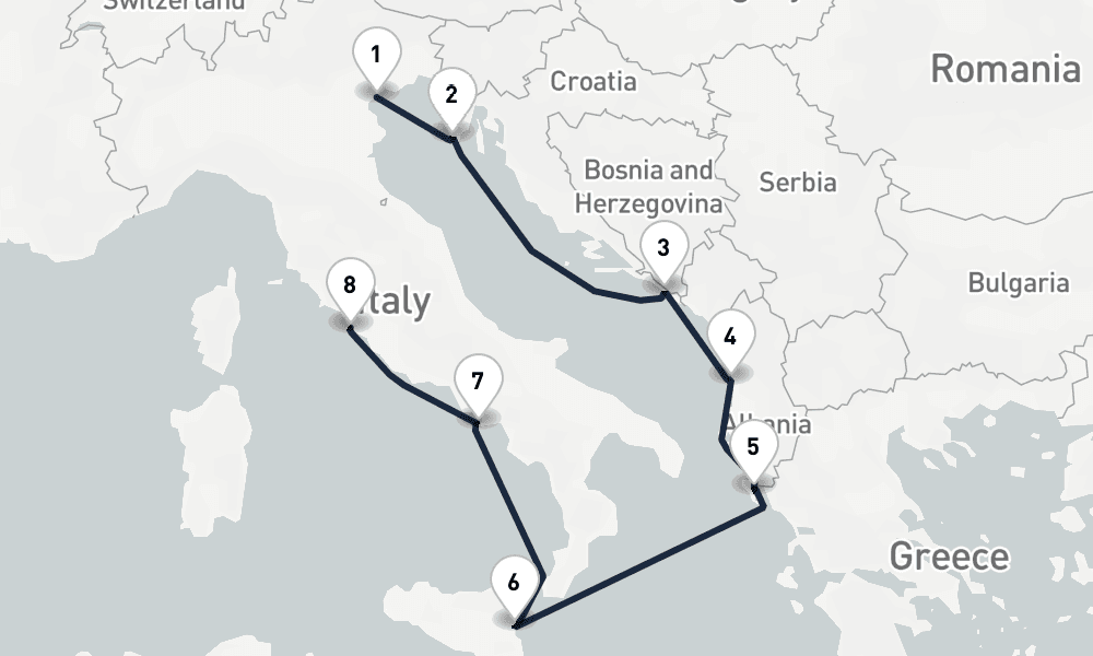 7 days, one-way from Venice to Civitavecchia-Rome 8日間