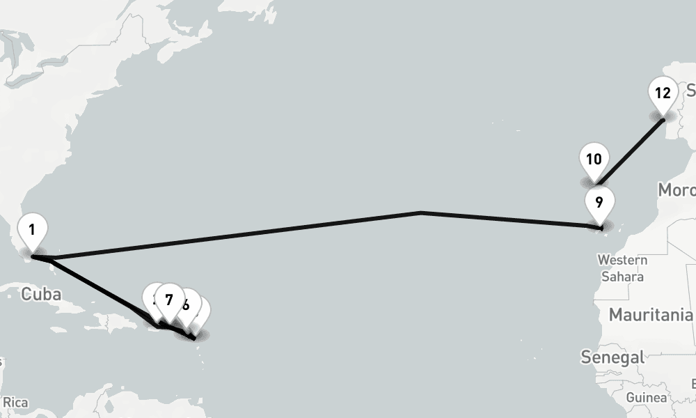 25 days, one-way from Miami to Lisbon 26日間