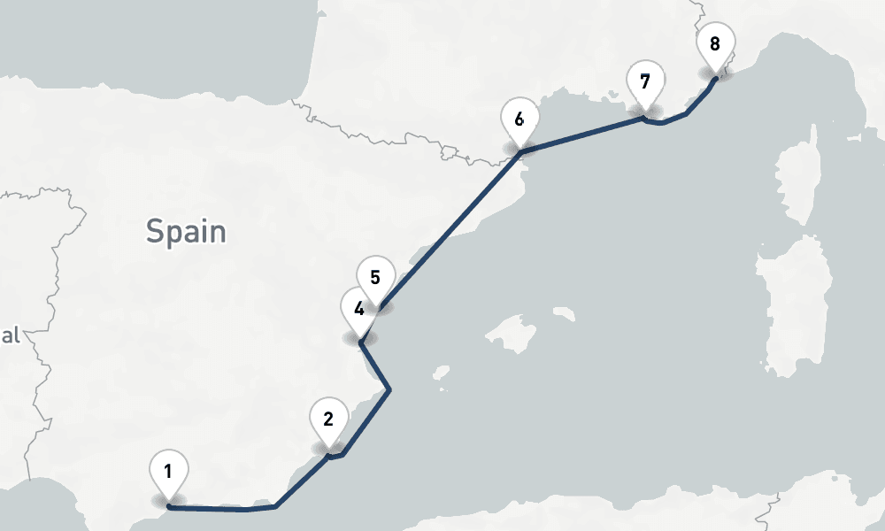 7 days, one-way from Malaga to Villefranche-sur-Mer 8日間