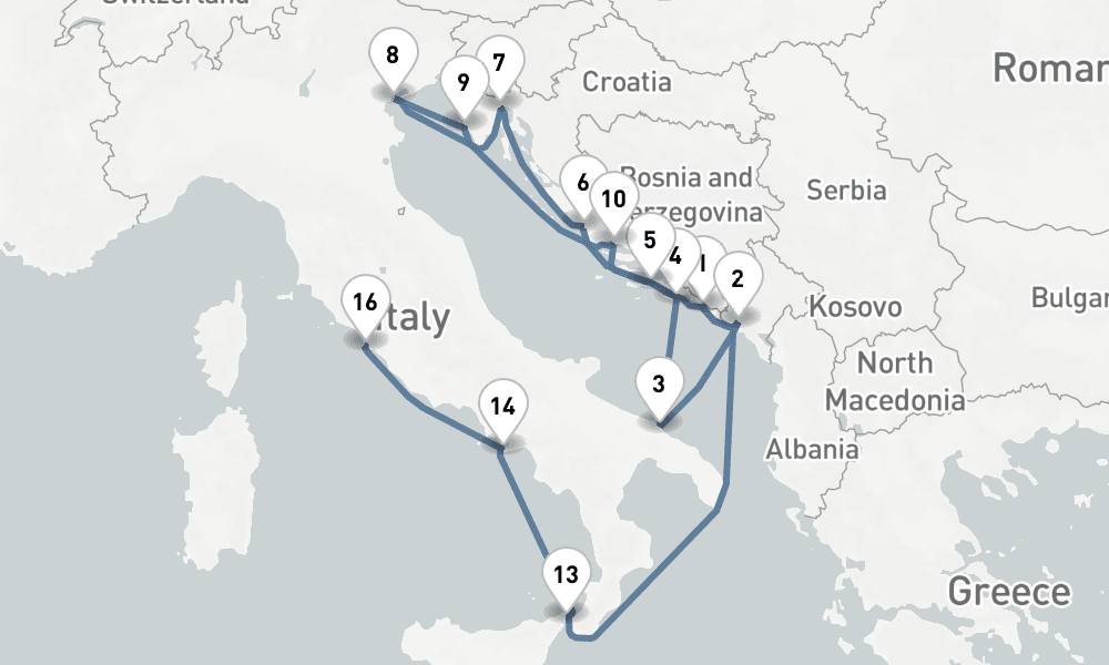 16 days, one-way from Dubrovnik to Civitavecchia-Rome 17日間