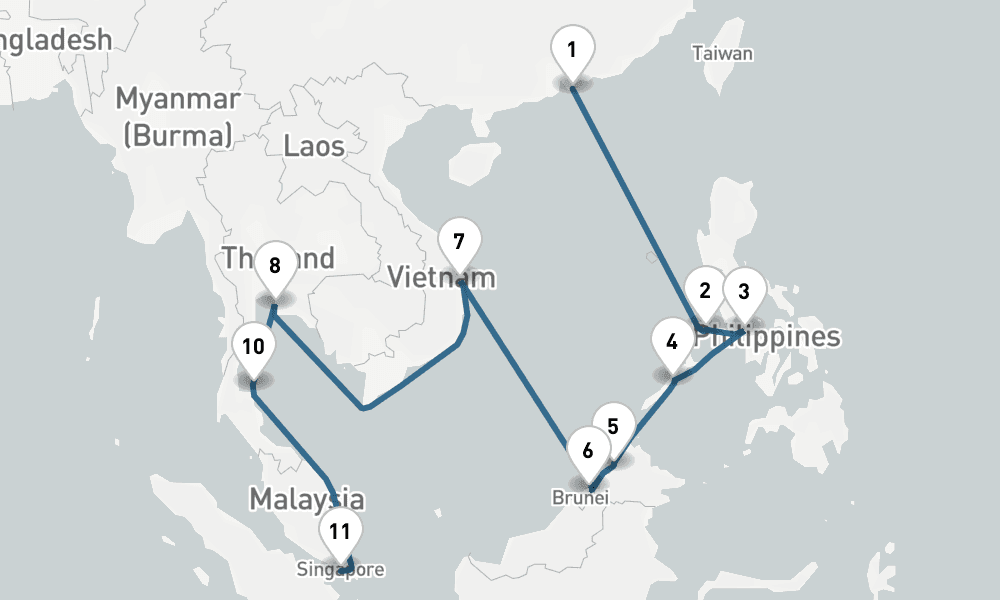 14 days, one-way from Hong Kong to Singapore 15日間