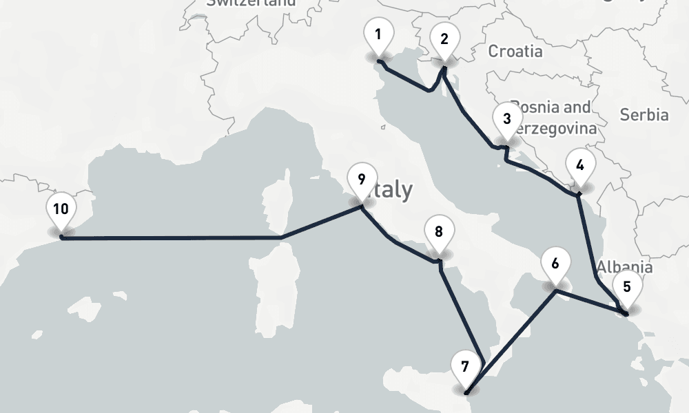 10 days, one-way from Venice to Barcelona 11日間