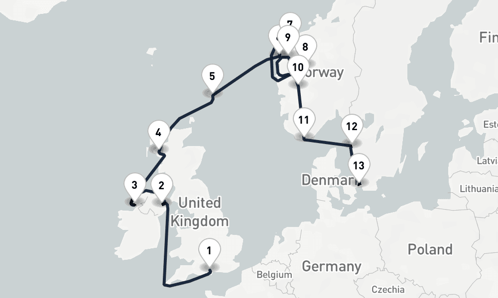 14 days, one-way from Southampton to Copenhagen 15日間
