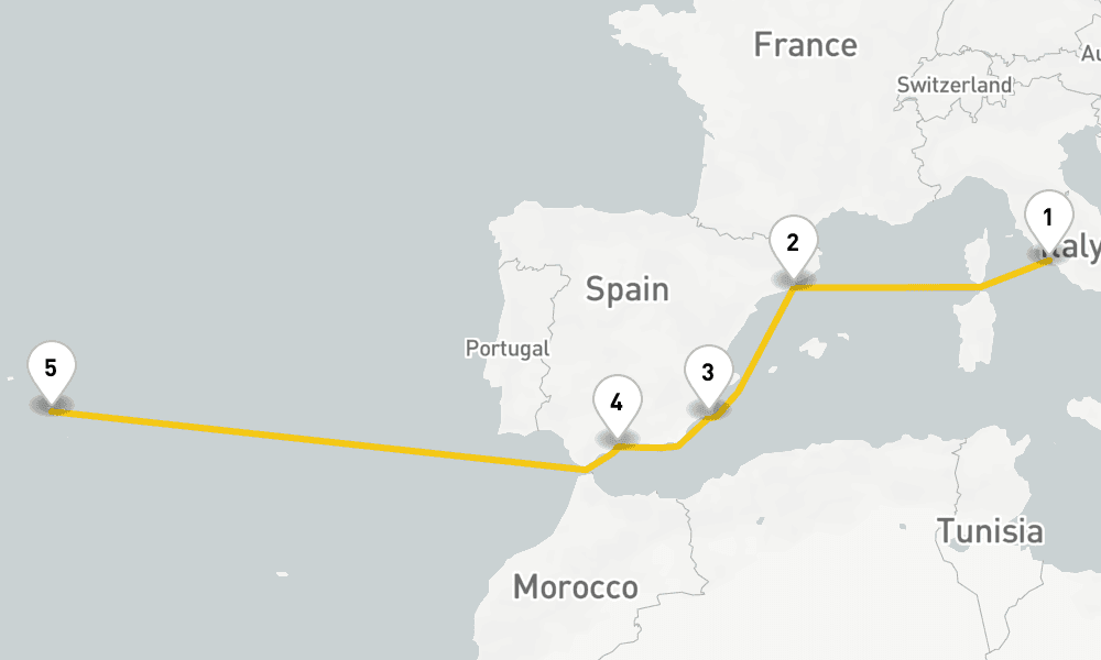 14 days, one-way from Civitavecchia-Rome to New York 15日間