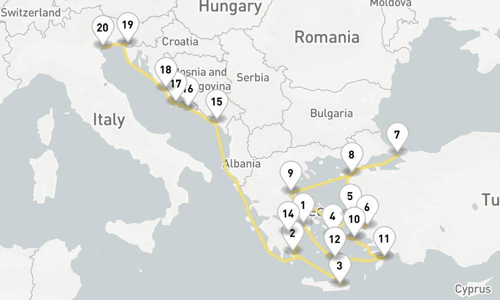22 days, one-way from Piraeus-Athens to Venice 23日間