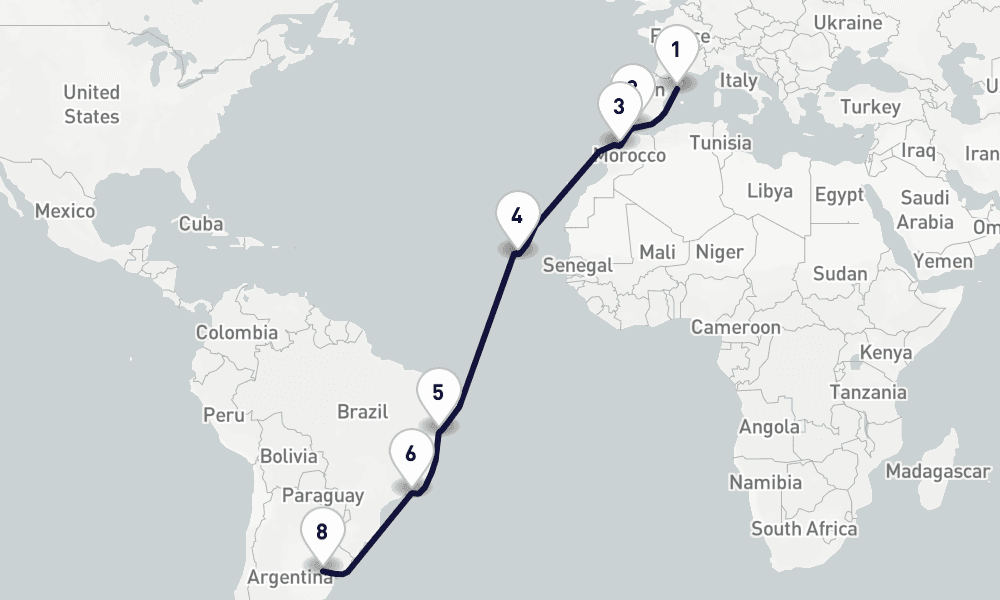19 days, one-way from Barcelona to Buenos Aires 20日間