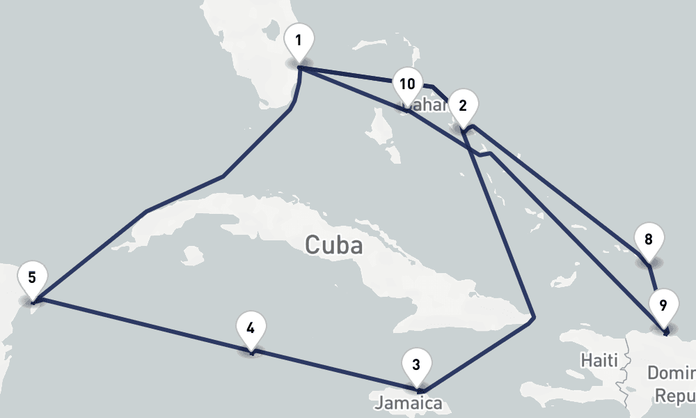 14 days, round-trip Western Eastern Caribbean Mexico Bahamas 15日間