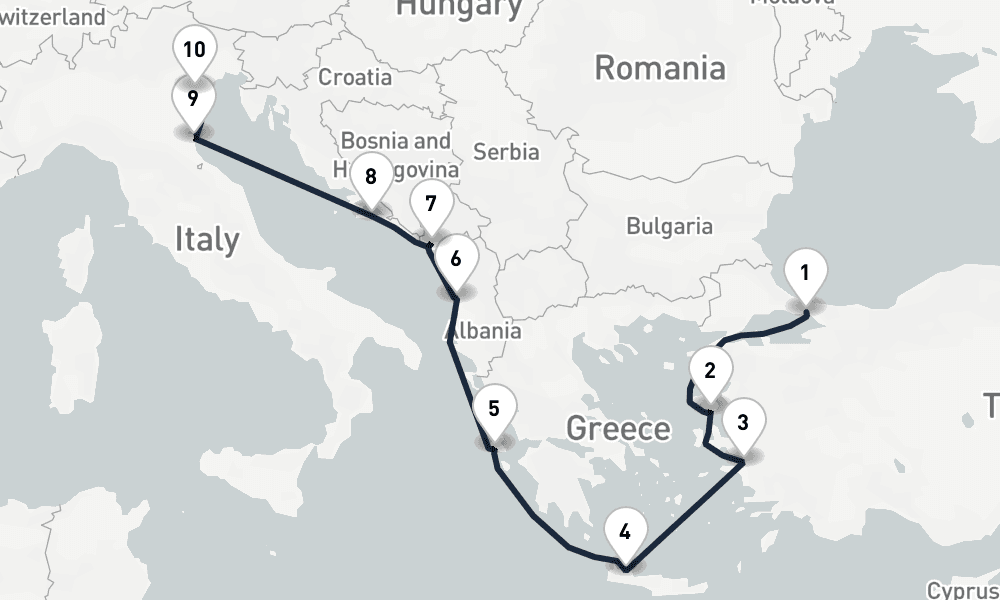 10 days, one-way from Istanbul to Venice 11日間