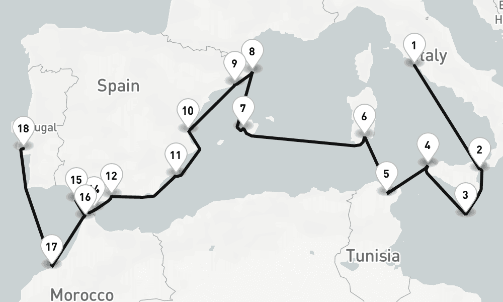 20 nights / 21 days, one-way from Civitavecchia (Rome, Italy) to Lisbon