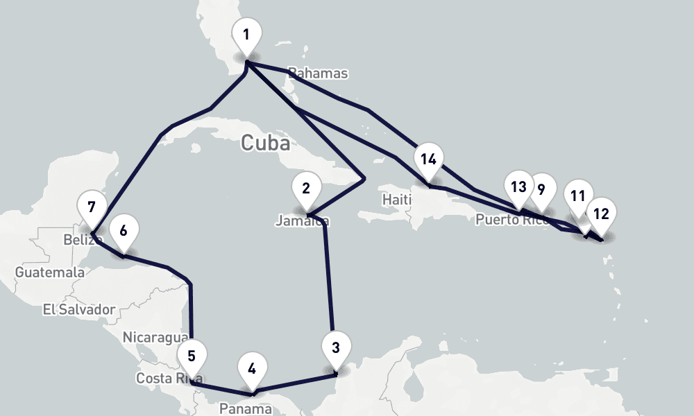 21 days, round-trip Eastern Western Caribbean 22日間