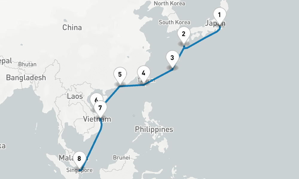 14 days, one-way from Tokyo to Singapore 15日間