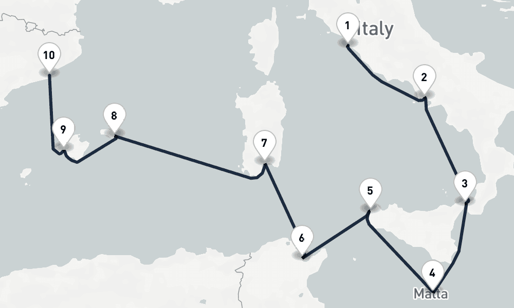 10 days, one-way from Civitavecchia-Rome to Barcelona 11日間