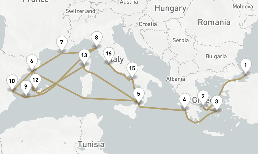 21 days, one-way from Istanbul to Civitavecchia-Rome 22日間