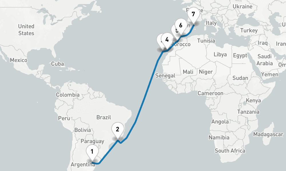 18 days, one-way from Buenos Aires to Barcelona 19日間