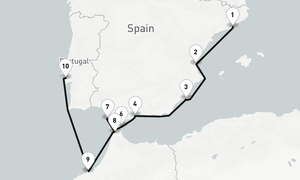 10 nights / 11 days, one-way from Barcelona to Lisbon
