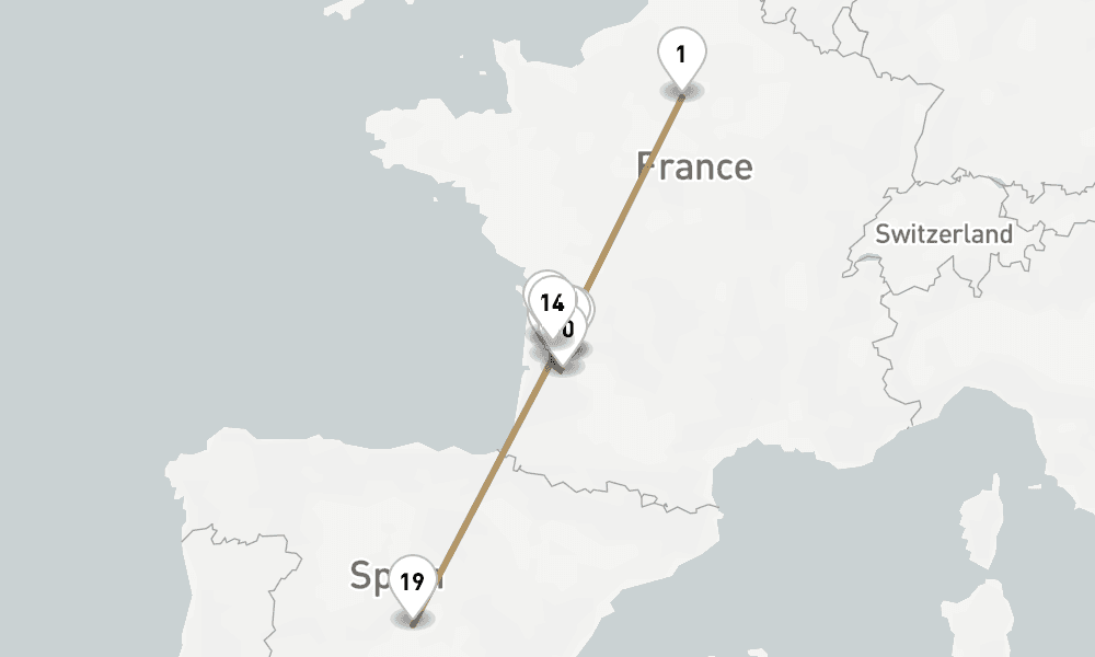15 nights / 16 days, one-way from Paris to Madrid