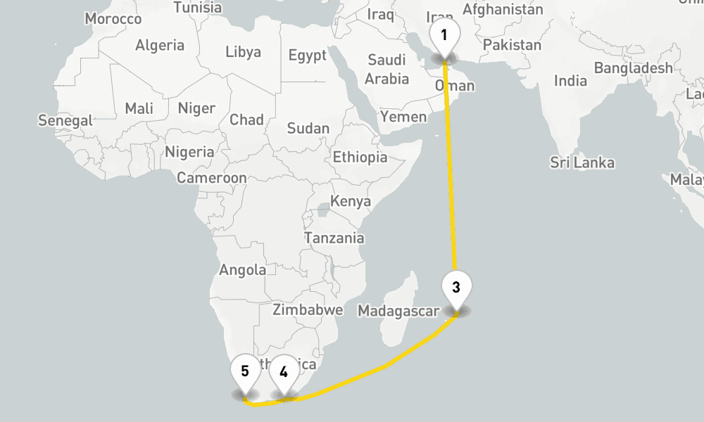 15 days, one-way from Dubai to Cape Town 16日間