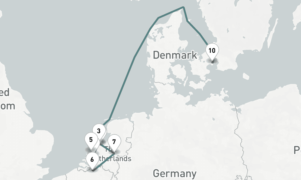 10 nights / 11 days, one-way from Amsterdam (Holland) to Copenhagen