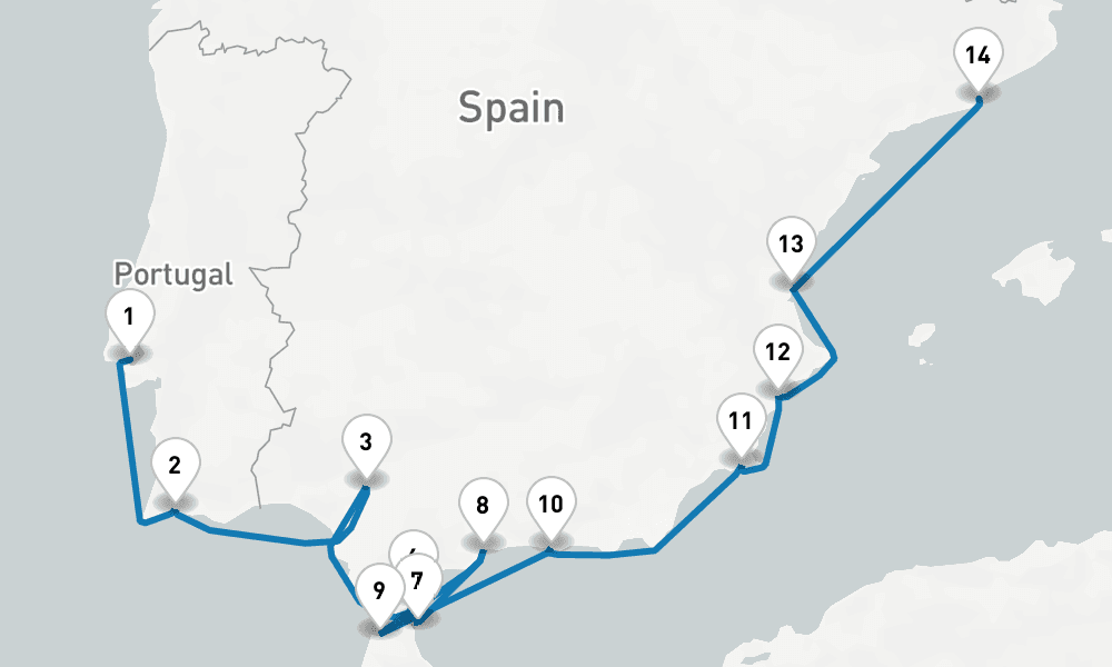 14 days, one-way from Lisbon to Barcelona 15日間