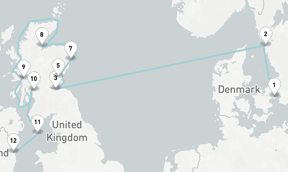 12 days, one-way from Copenhagen to Dublin 13日間