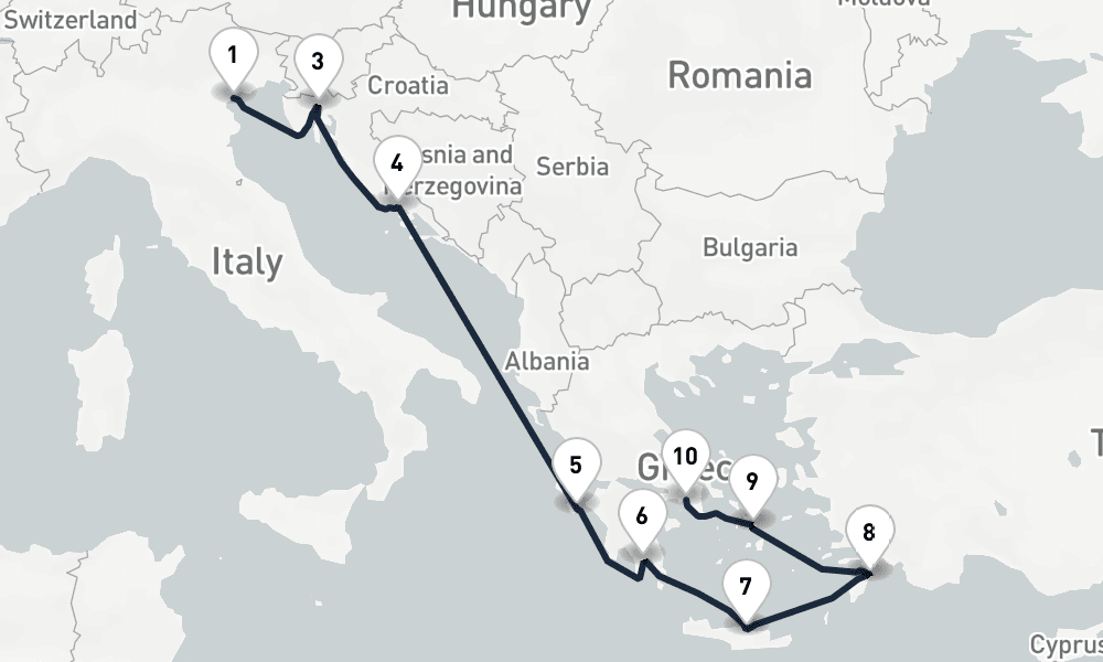 10 days, one-way from Venice to Piraeus-Athens 11日間