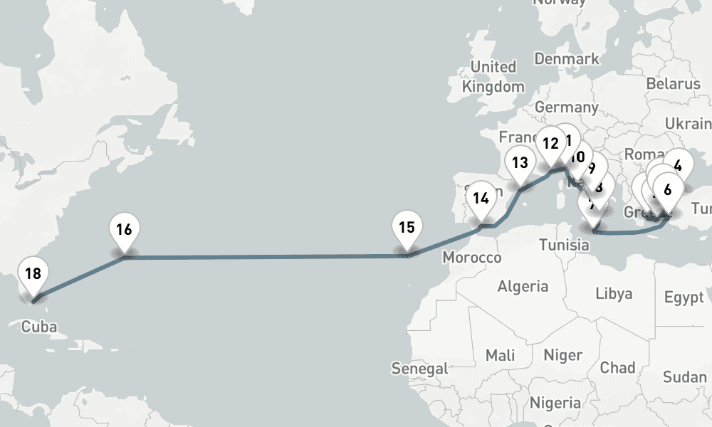28 days, one-way from Piraeus-Athens to Miami 29日間