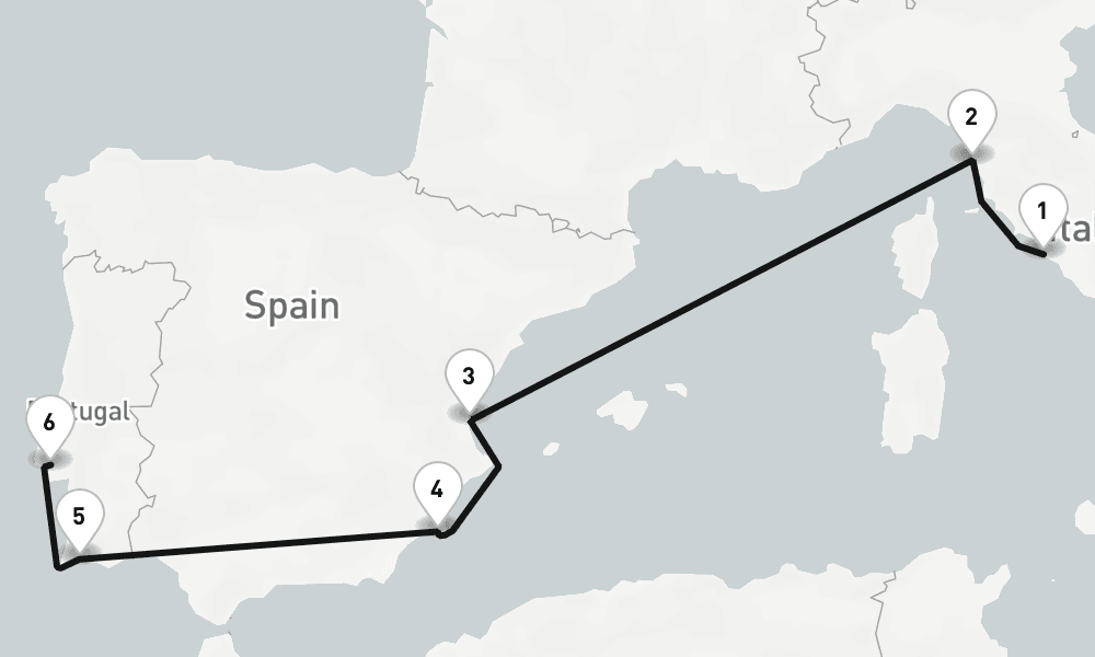 7 days, one-way from Civitavecchia-Rome to Lisbon 8日間