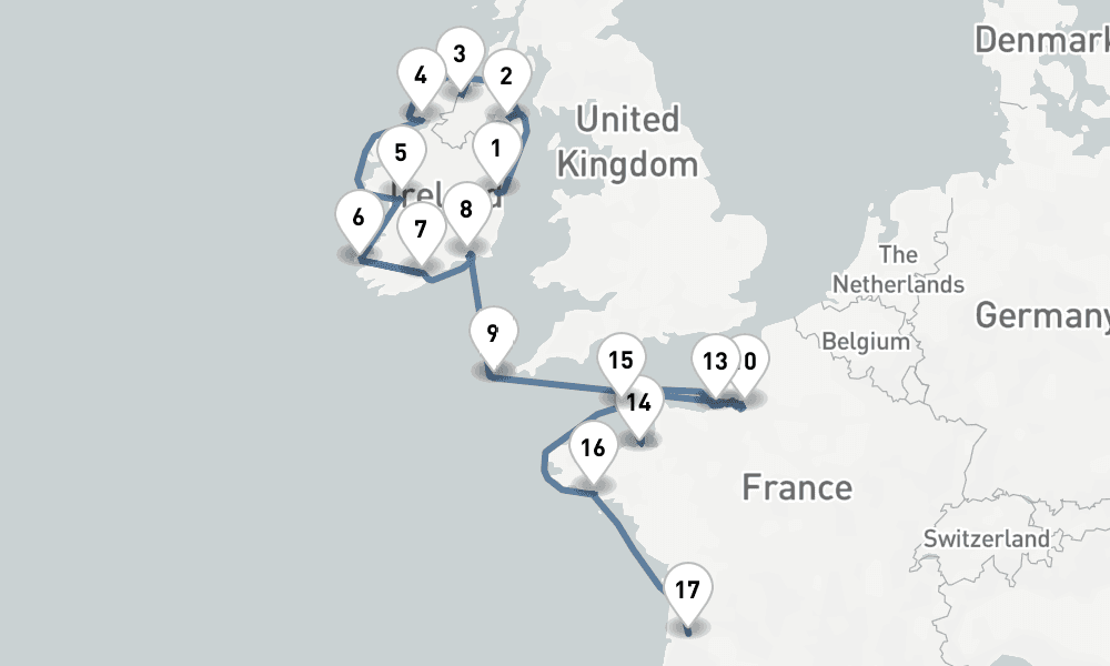17 nights / 18 days, one-way from Dublin to Bordeaux