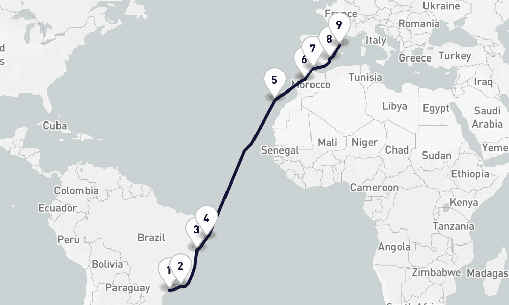 16 days, one-way from Santos to Barcelona 17日間