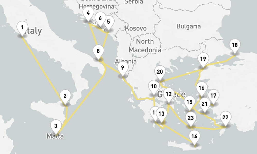 28 days, one-way from Civitavecchia-Rome to Piraeus-Athens 29日間