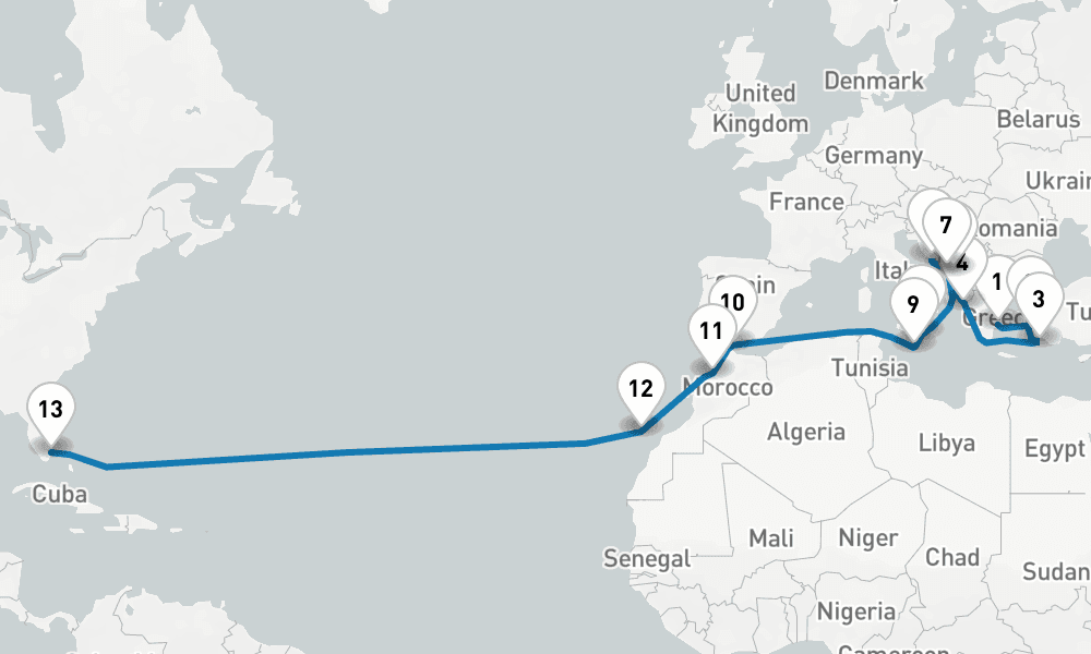 25 days, one-way from Piraeus-Athens to Fort Lauderdale 26日間