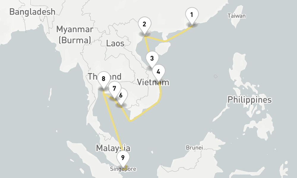 14 days, one-way from Hong Kong to Singapore 15日間
