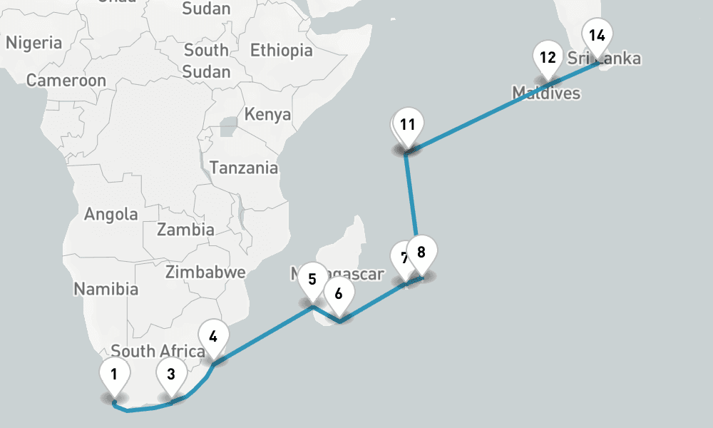 26 days, one-way from Cape Town to Colombo 27日間