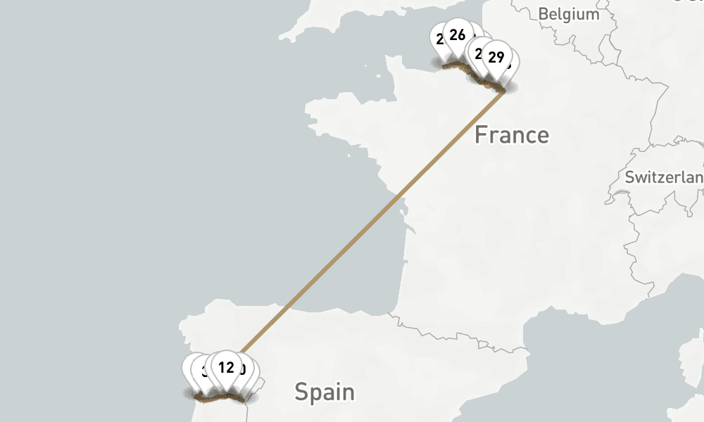 20 days, one-way from Porto-Leixoes to Paris City 21日間