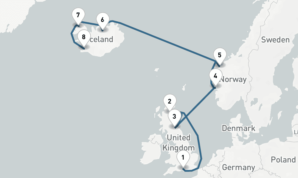 11 days, one-way from Southampton to Reykjavik 12日間