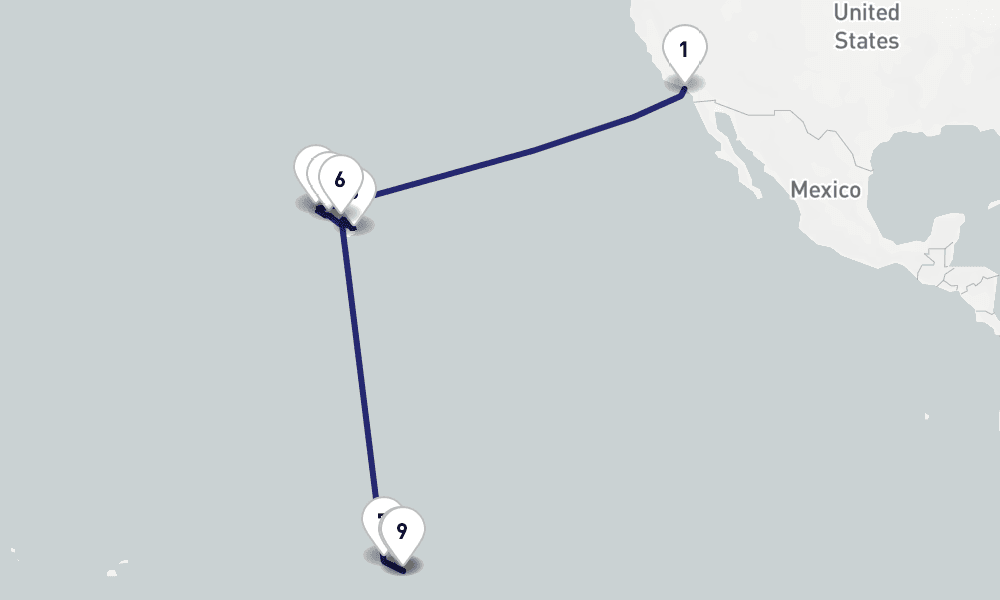 20 nights / 21 days, one-way from Los Angeles (San Pedro / Long Beach) to Papeete (Tahiti Island, French Polynesia)