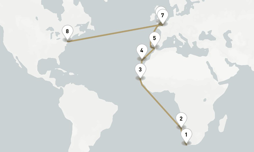 25 days, one-way from Cape Town to New York 26日間