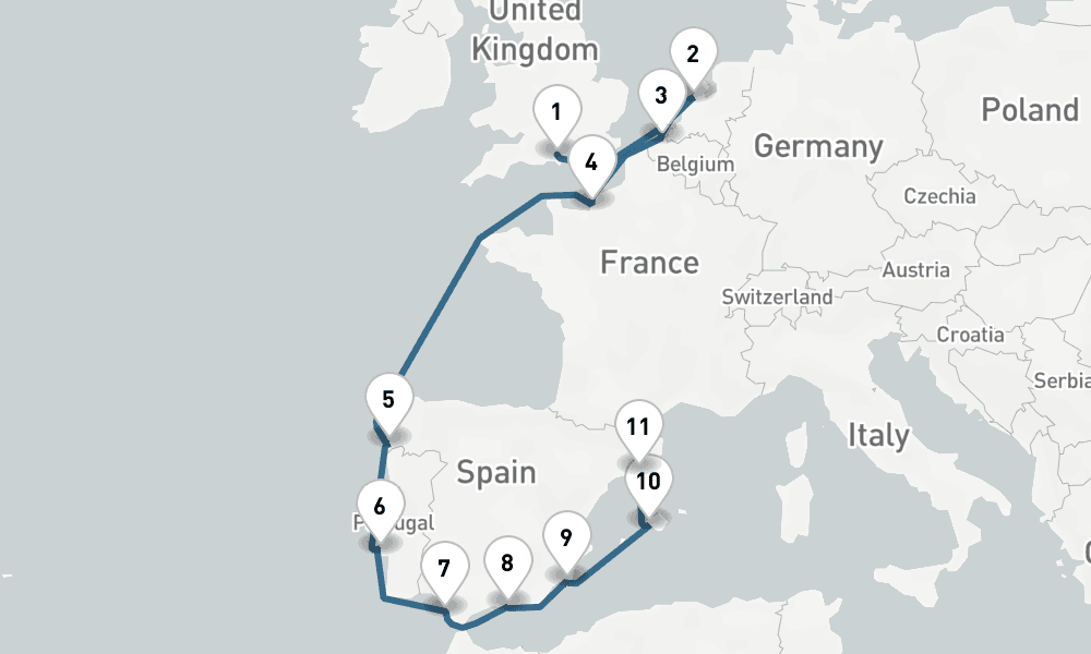 11 days, one-way from Southampton to Barcelona 12日間