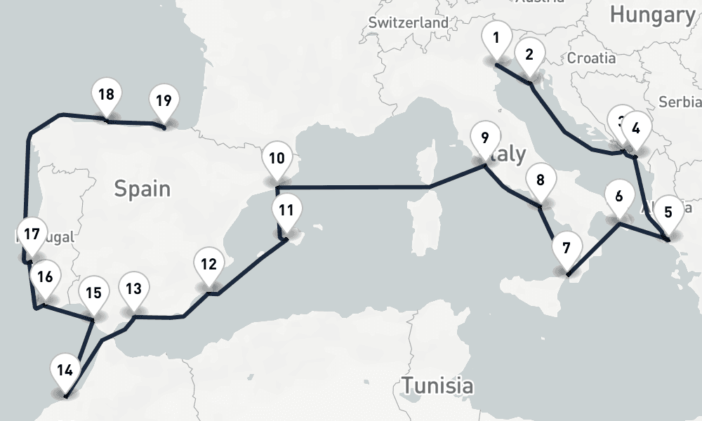 20 days, one-way from Venice to Bilbao 21日間