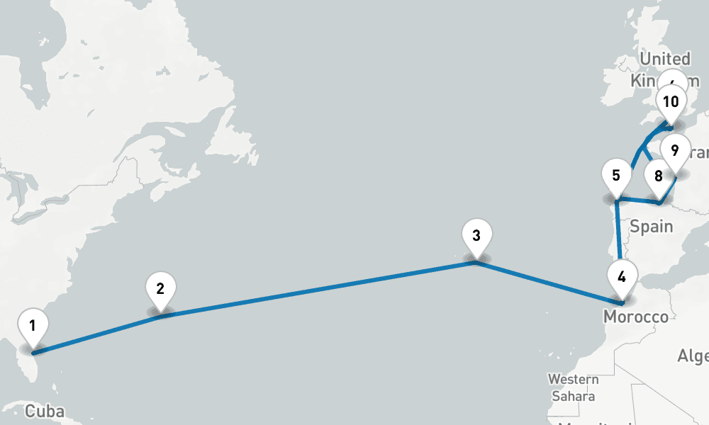 22 days, one-way from Port Canaveral to Southampton 23日間