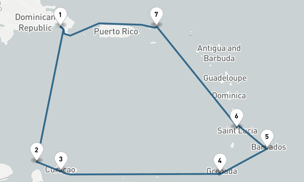 9 days, round-trip Caribbean Round-trip Punta Cana Curacao, Aruba Barbados 10日間