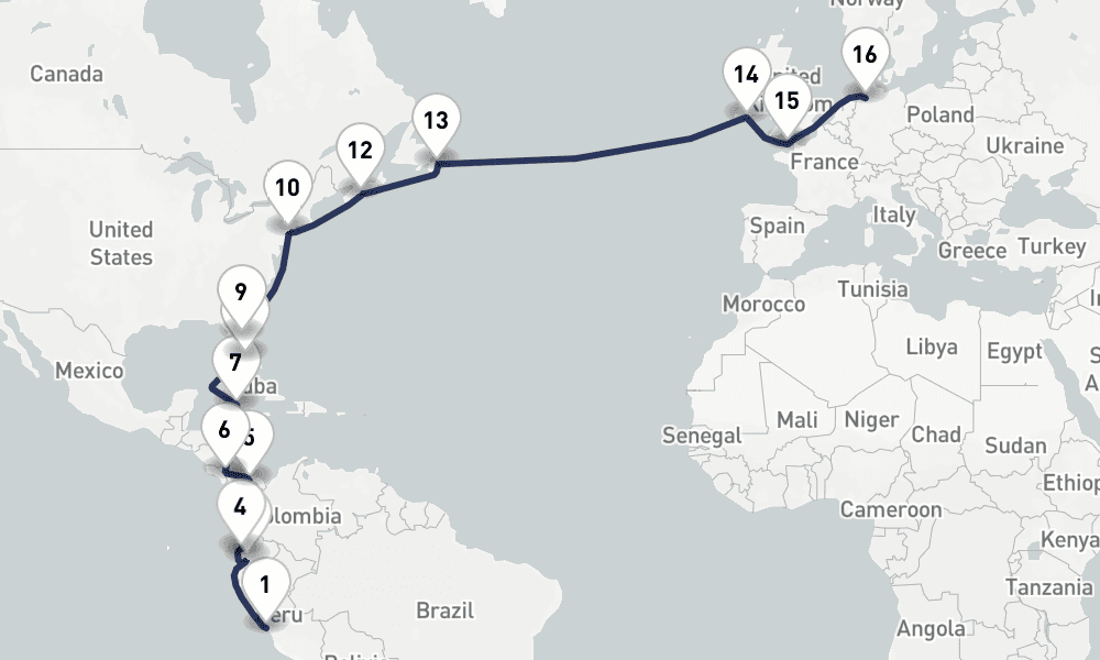 29 days, one-way from Callao-Lima to Bremerhaven 30日間