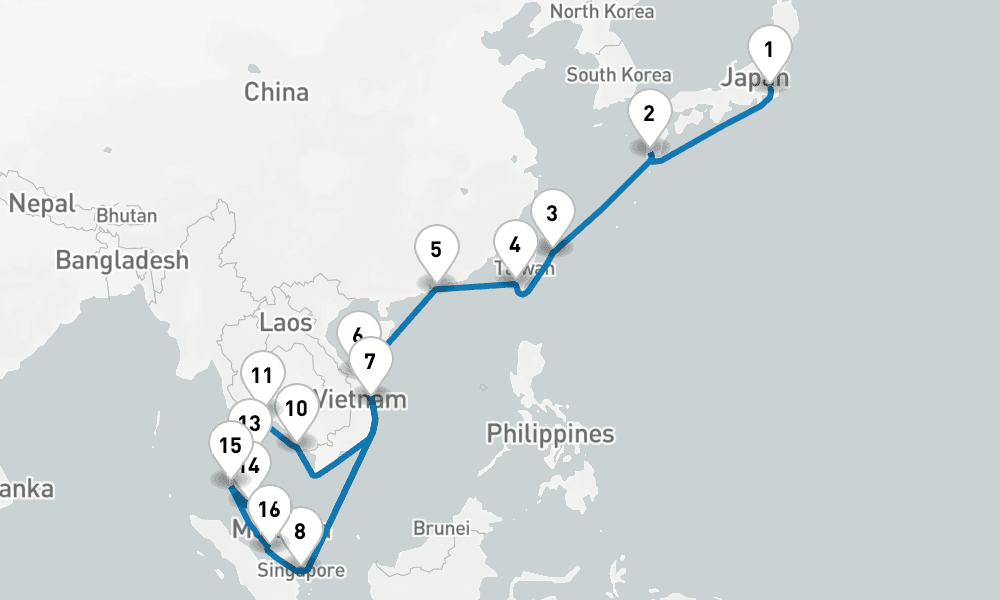 28 days, one-way from Tokyo to Singapore 29日間