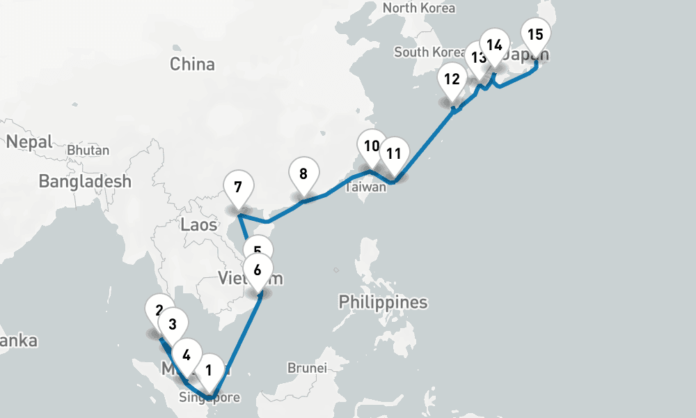 23 days, one-way from Singapore to Tokyo 24日間