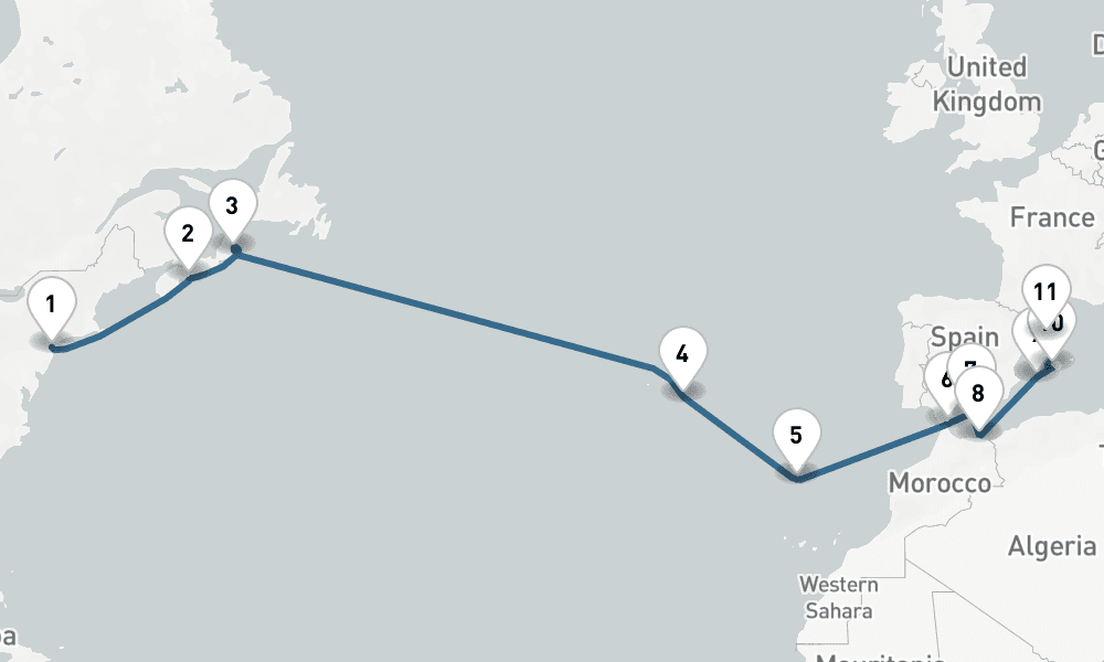 16 days, one-way from New York to Barcelona 17日間