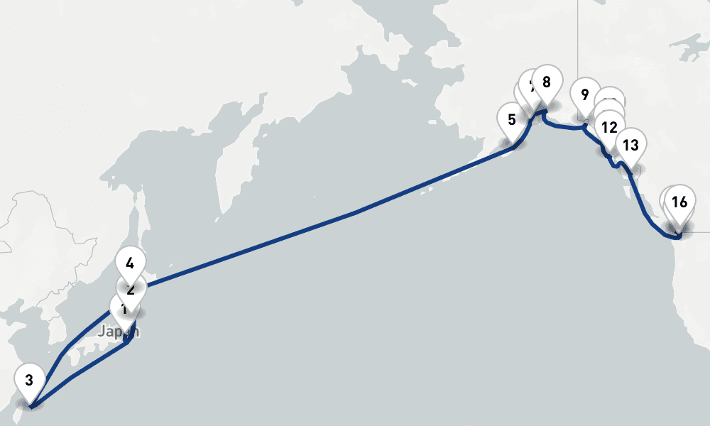 25 days, one-way from Tokyo to Vancouver 26日間