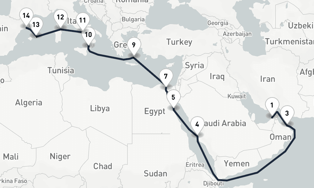 20 days, one-way from Dubai to Barcelona 21日間