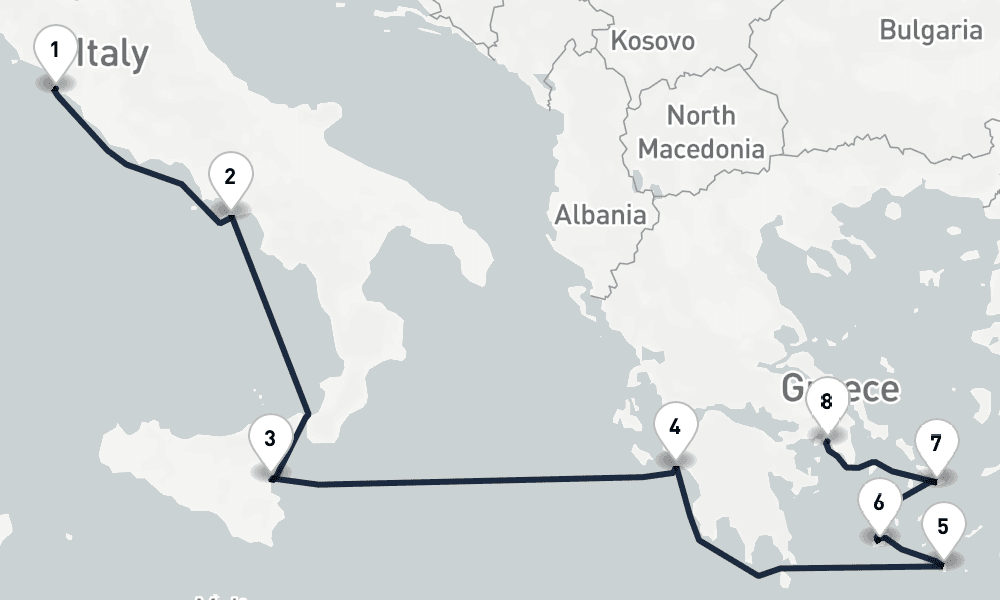 7 days, one-way from Civitavecchia-Rome to Piraeus-Athens 8日間